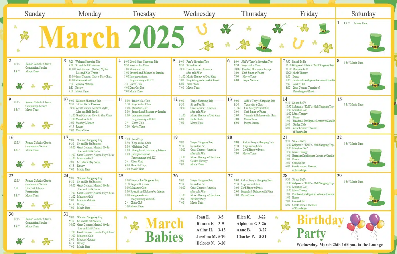 March Calendar of Events at Oak Park Arms Senior Living